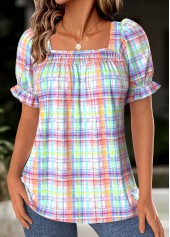 Plaid Multi Color Short Sleeve Square Neck Blouse