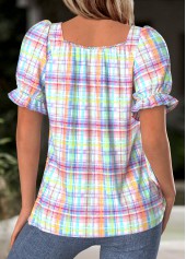 Plaid Multi Color Short Sleeve Square Neck Blouse