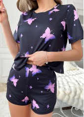 Animal Print Black Round Neck Lounge Top and Shorts