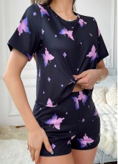 Animal Print Black Round Neck Lounge Top and Shorts