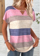Striped Multi Color Short Sleeve Round Neck T Shirt