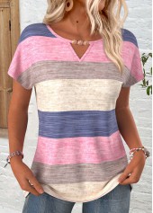Striped Multi Color Short Sleeve Round Neck T Shirt
