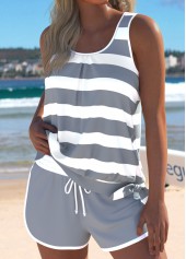 Mid Waisted Striped Grey Tankini Set