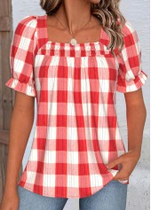 Plaid Red Short Sleeve Square Neck Blouse