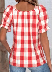 Plaid Red Short Sleeve Square Neck Blouse