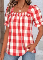 Plaid Red Short Sleeve Square Neck Blouse