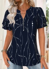 Geometric Print Navy Short Sleeve Split Neck Blouse
