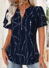 Geometric Print Navy Short Sleeve Split Neck Blouse