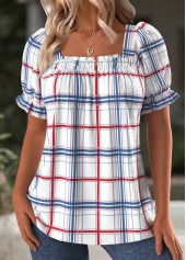 Plaid White Short Sleeve Square Neck T Shirt