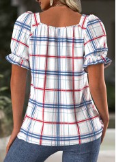 Plaid White Short Sleeve Square Neck T Shirt