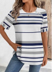 Striped White Short Sleeve Round Neck Blouse