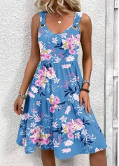 Floral Print Blue A Line Sleeveless V Neck Dress