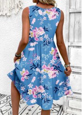 Floral Print Blue A Line Sleeveless V Neck Dress