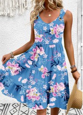 Floral Print Blue A Line Sleeveless V Neck Dress