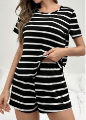 Striped Black Round Neck Lounge Top and Shorts