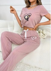 Heart Print Pink Round Neck Lounge Top and Pants