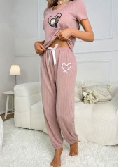 Heart Print Pink Round Neck Lounge Top and Pants