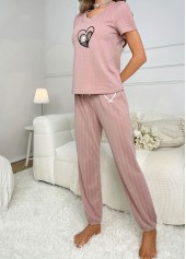 Heart Print Pink Round Neck Lounge Top and Pants