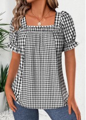 Plaid Black Short Sleeve Square Neck Blouse