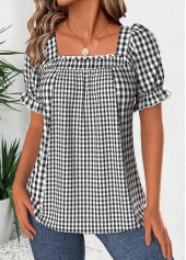 Plaid Black Short Sleeve Square Neck Blouse