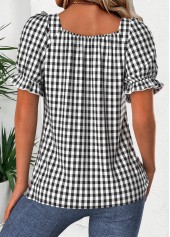 Plaid Black Short Sleeve Square Neck Blouse