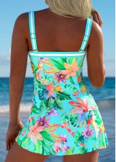 High Waisted Tropical Plants Print Mint Green Tankini Set
