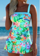 High Waisted Tropical Plants Print Mint Green Tankini Set