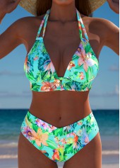 Mid Waisted Tropical Plants Print Mint Green Bikini Set