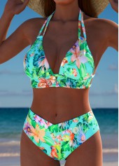 Mid Waisted Tropical Plants Print Mint Green Bikini Set