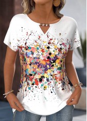Geometric Print White Short Sleeve Round Neck T Shirt