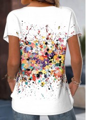 Geometric Print White Short Sleeve Round Neck T Shirt