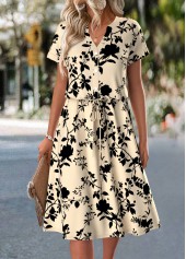 Floral Print Light Camel Short Sleeve Split Neck Dress