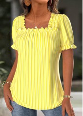 Striped Yellow Short Sleeve Square Neck Blouse