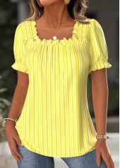 Striped Yellow Short Sleeve Square Neck Blouse
