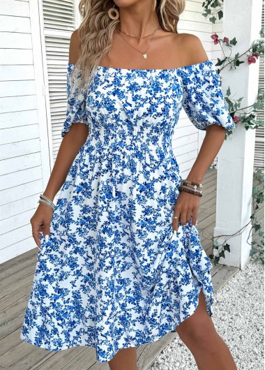 Ditsy Floral Print Blue Short Sleeve Off Shoulder Dress