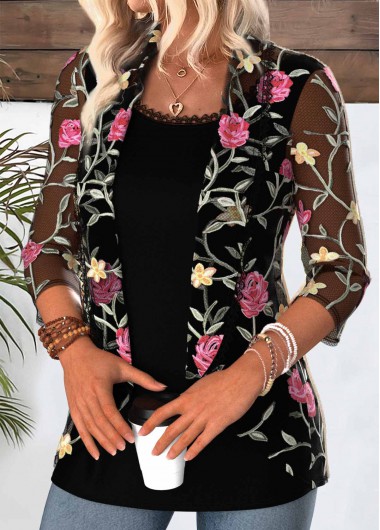 Floral Print Black 3/4 Sleeve Fake Two Piece Twinset