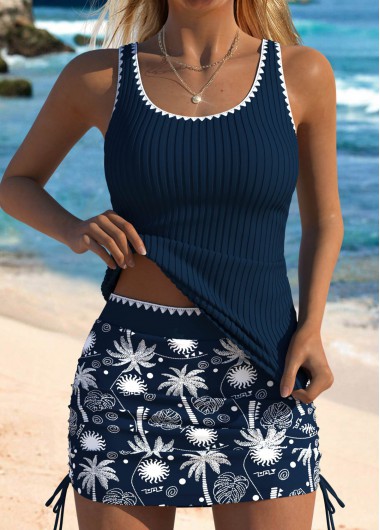 Mid Waisted Tropical Plants Print Navy Tankini Set