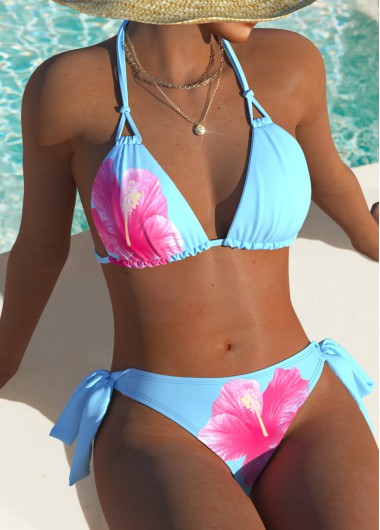Mid Waisted Floral Print Light Blue Bikini Set