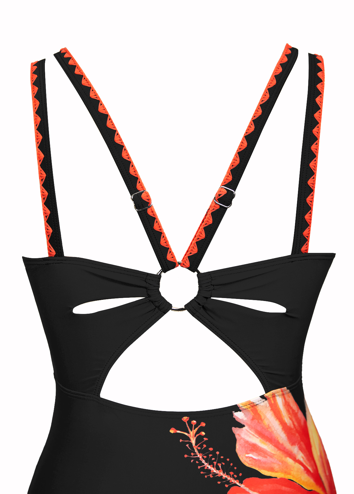 Floral Print Circular Ring Orange One Piece Swimwear