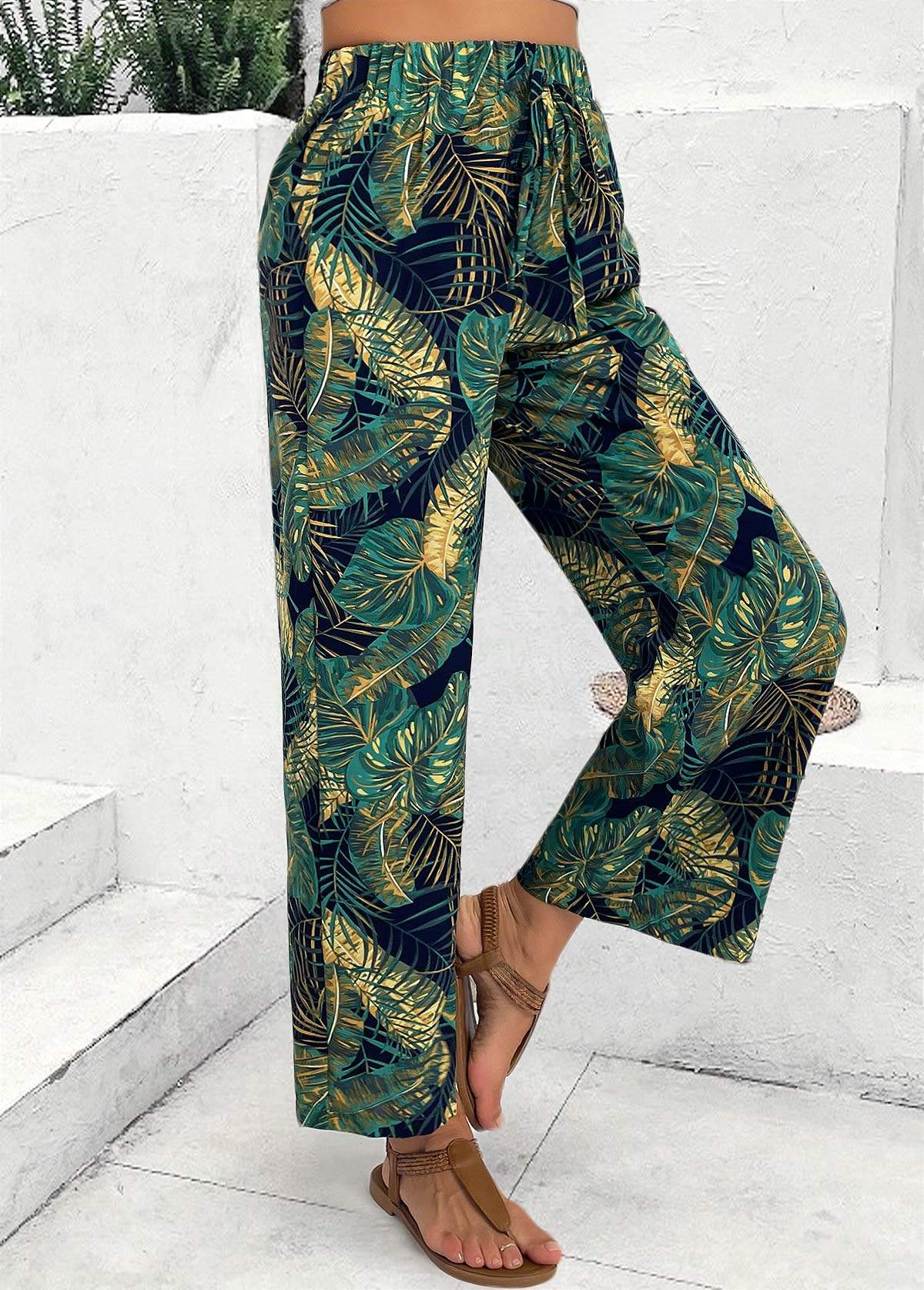 Plants Print Turquoise Wide Leg Elastic Waist Pants