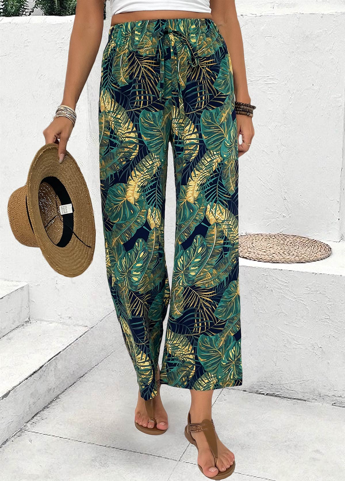 Plants Print Turquoise Wide Leg Elastic Waist Pants