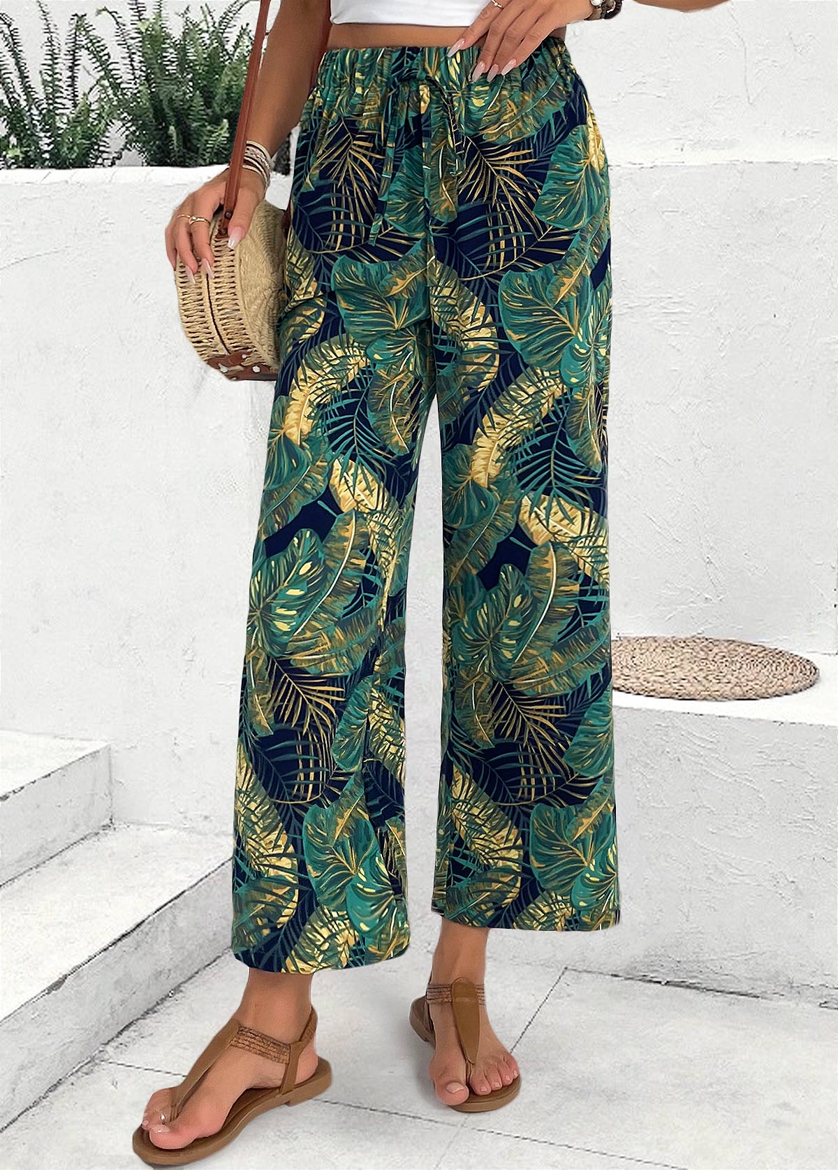 Plants Print Turquoise Wide Leg Elastic Waist Pants