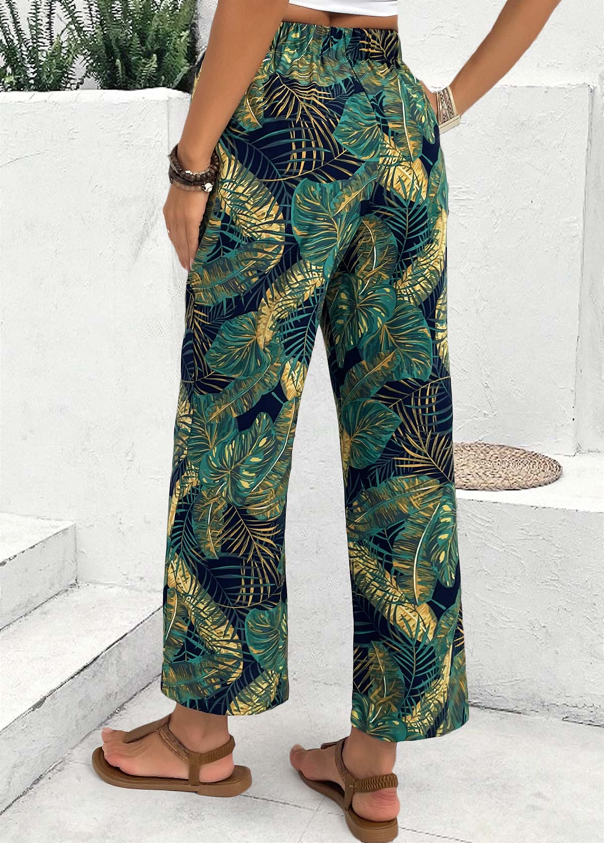 Plants Print Turquoise Wide Leg Elastic Waist Pants
