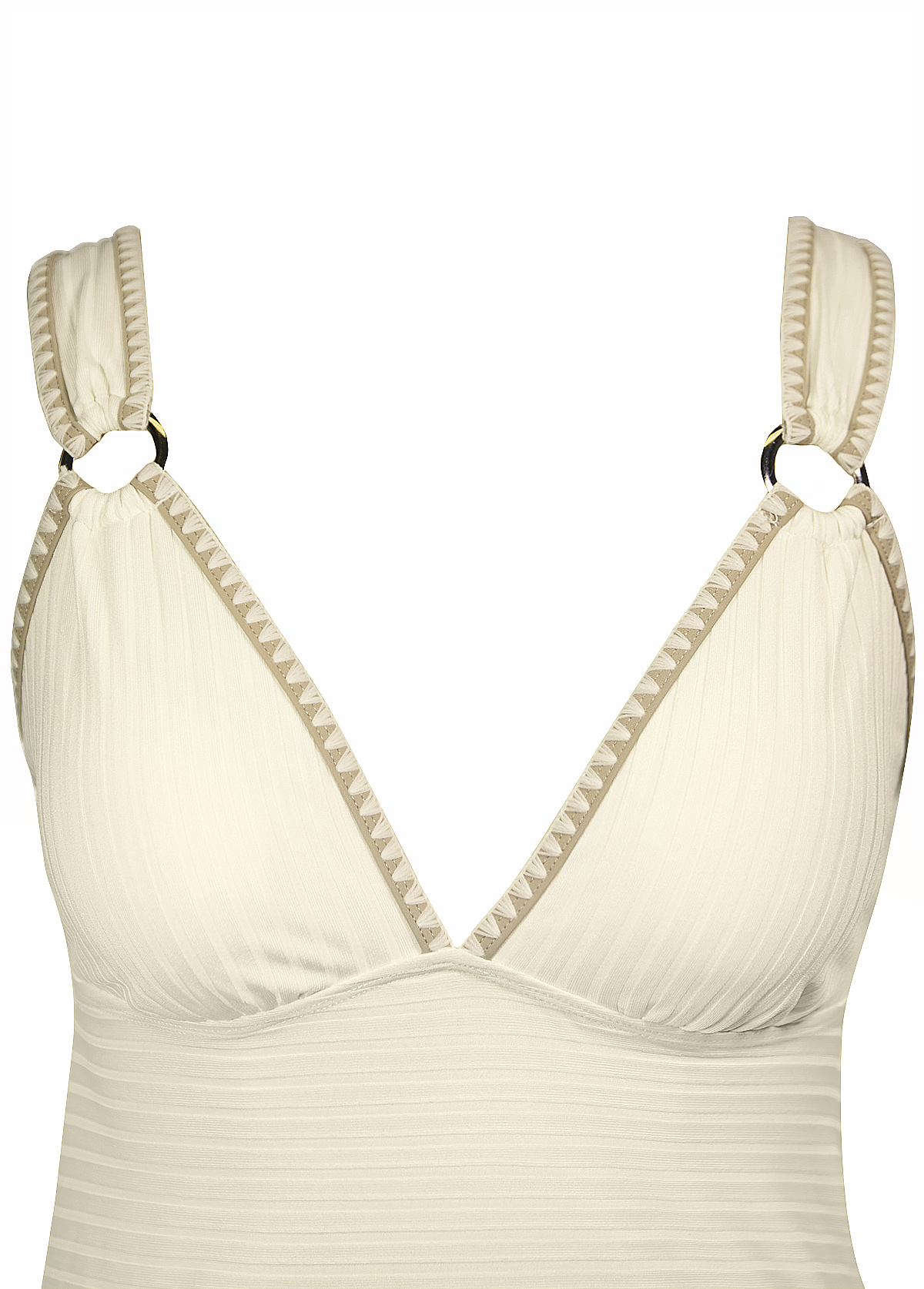 Mid Waisted Tropical Plants Print Ruched Beige Tankini Set