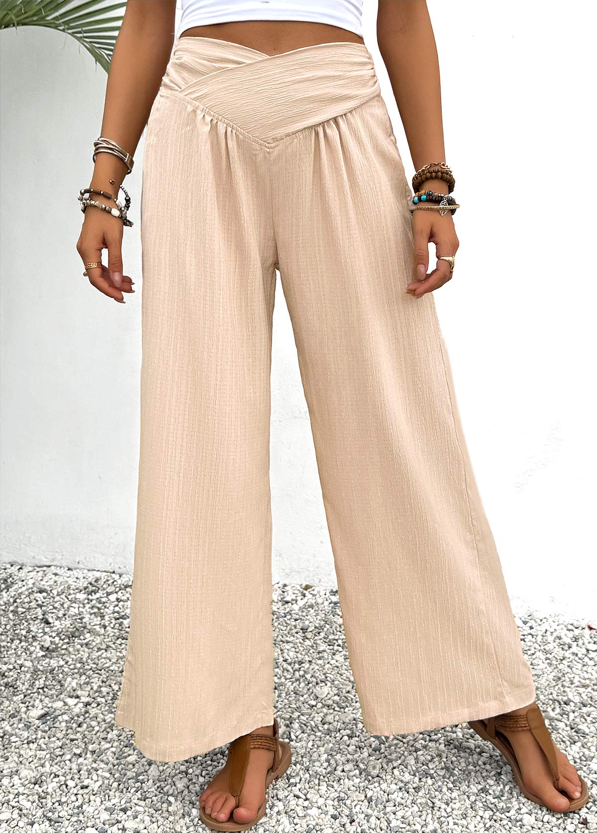 Light Coffee Wide Leg Elastic Waist High Waisted Pants