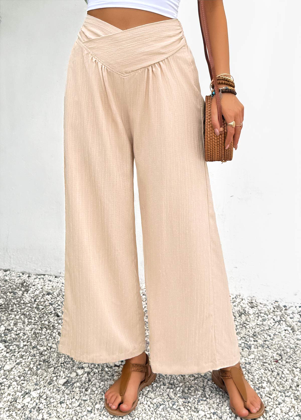 Light Coffee Wide Leg Elastic Waist High Waisted Pants