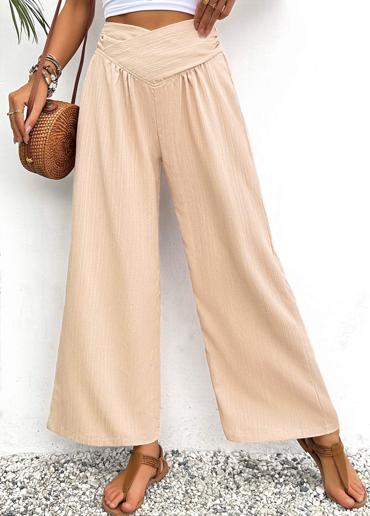 Light Coffee Wide Leg Elastic Waist High Waisted Pants