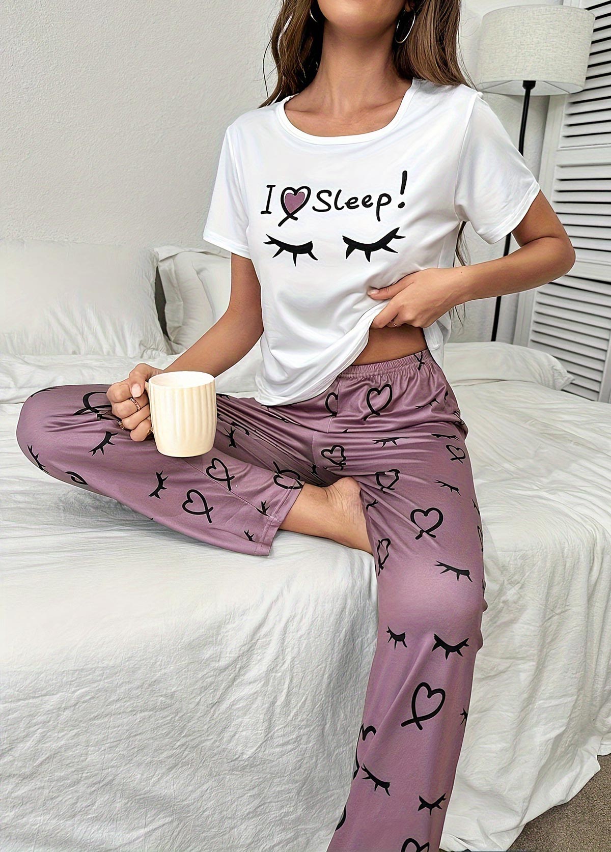 Letter Print Dark Reddish Purple Lounge Top and Pants