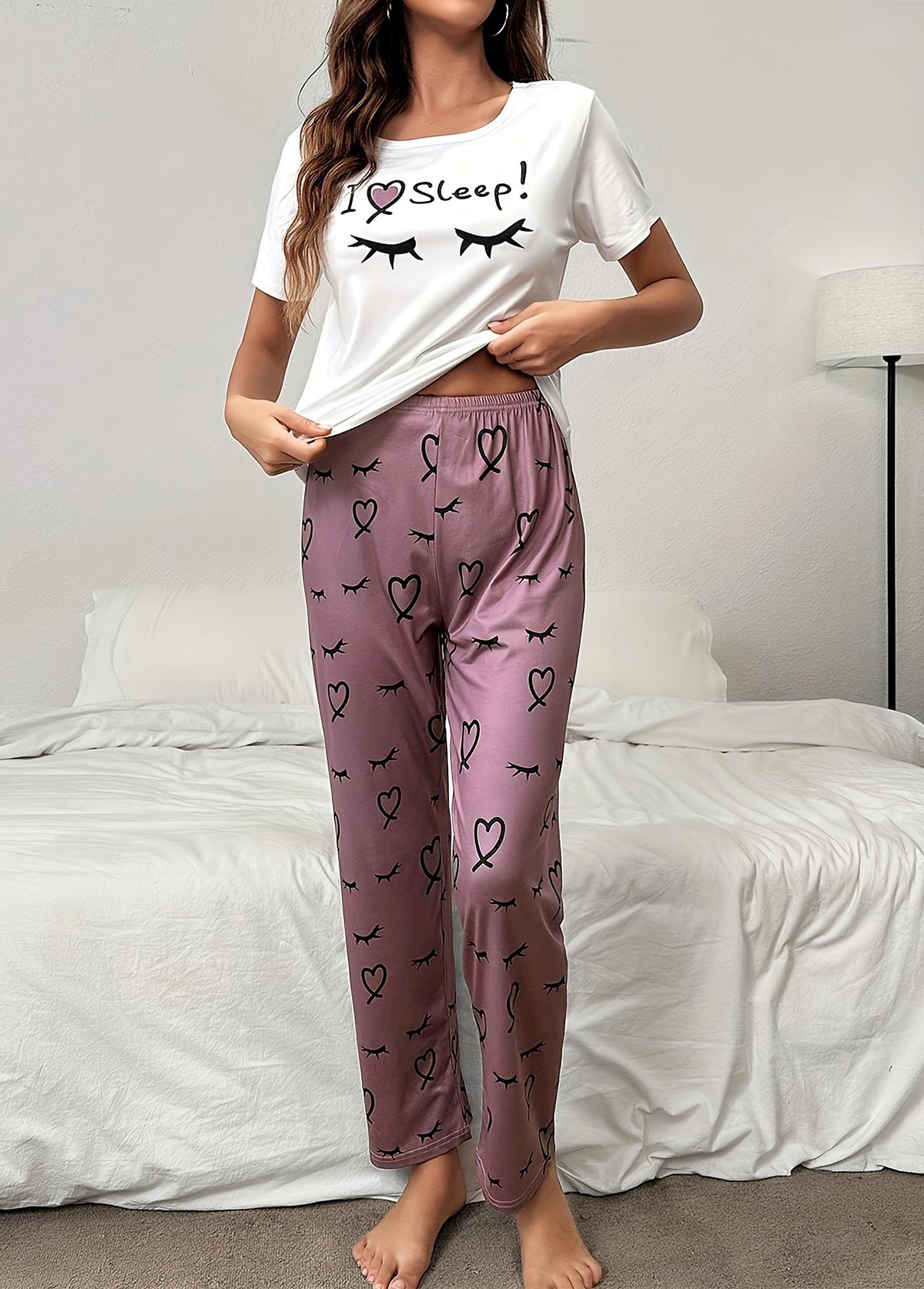 Letter Print Dark Reddish Purple Lounge Top and Pants
