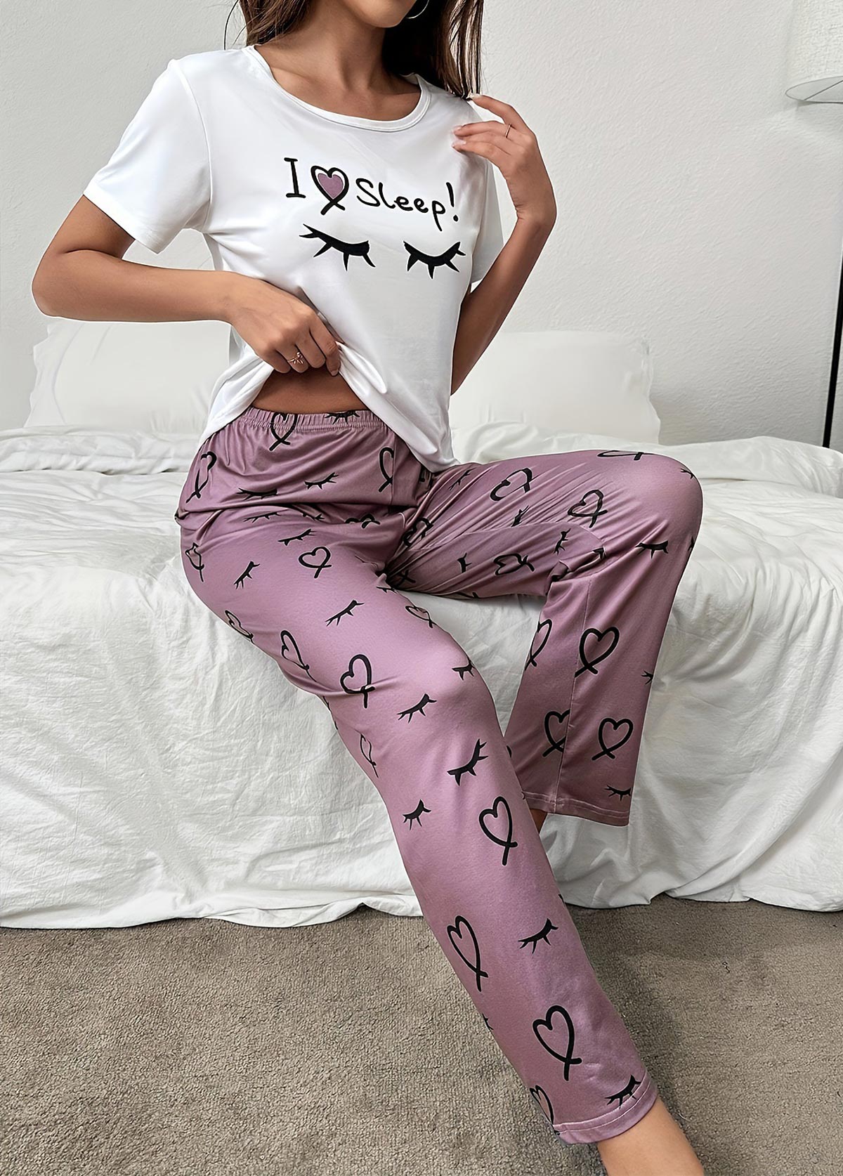 Letter Print Dark Reddish Purple Lounge Top and Pants